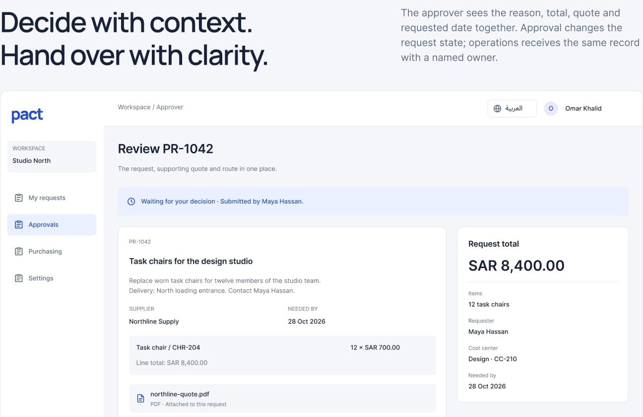 PACT Approver UI: Review PR-1042 with Request Changes and Approve Request actions