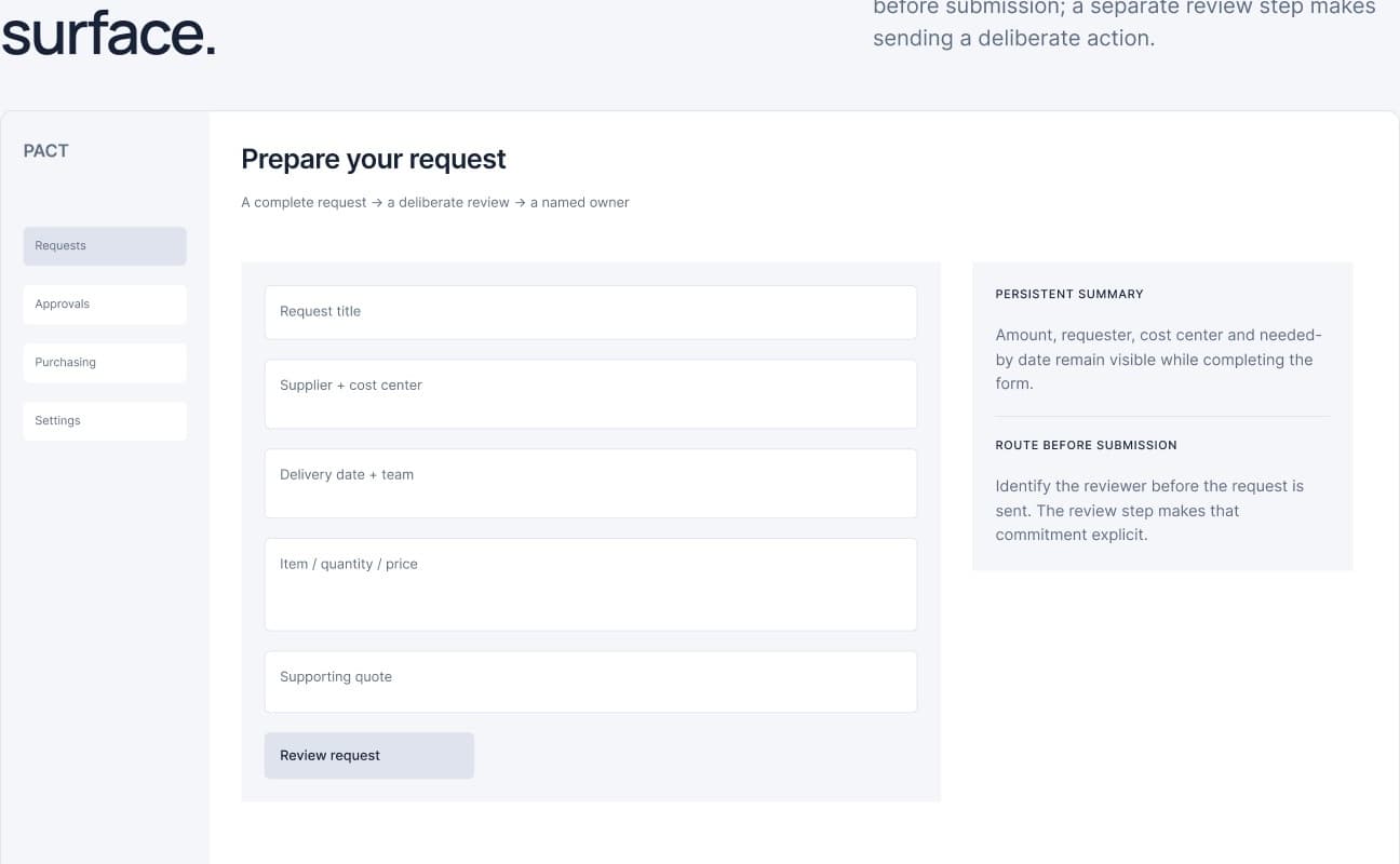 PACT Low-fidelity wireframe: Form layout and persistent summary