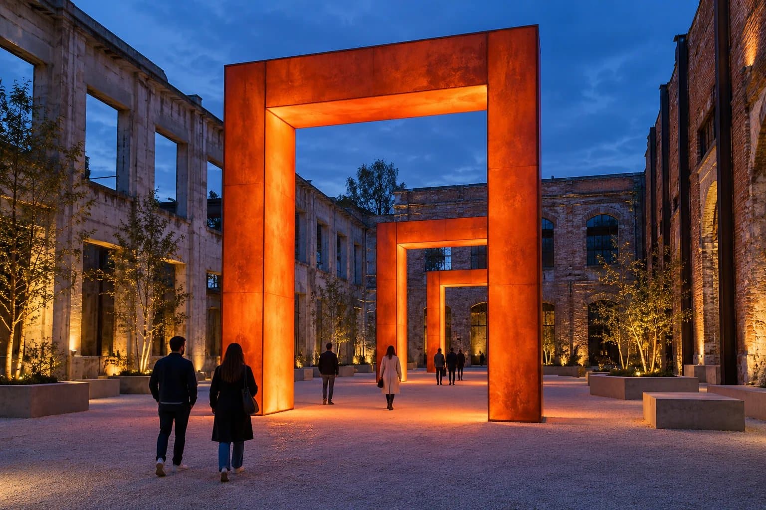 Passage festival courtyard with glowing orange portal installations and visitors at dusk
