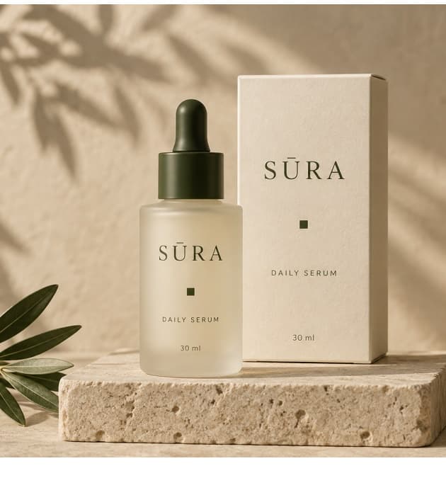 SŪRA Daily Serum in frosted glass dropper bottle with outer carton box on limestone block
